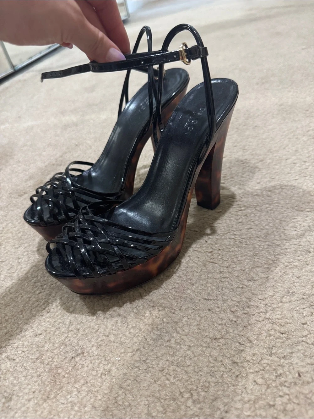 Gucci Black Strappy Platform Sandal with Tortoiseshell Block Heel